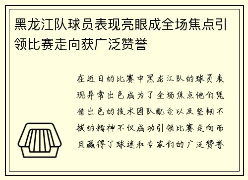 黑龙江队球员表现亮眼成全场焦点引领比赛走向获广泛赞誉