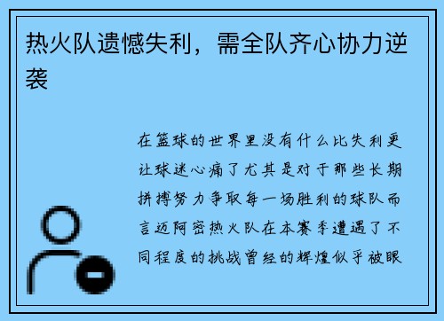 热火队遗憾失利，需全队齐心协力逆袭