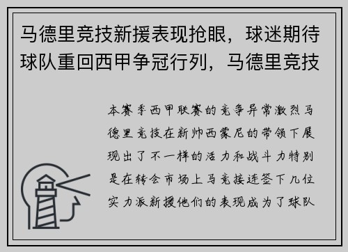 马德里竞技新援表现抢眼，球迷期待球队重回西甲争冠行列，马德里竞技转会一览