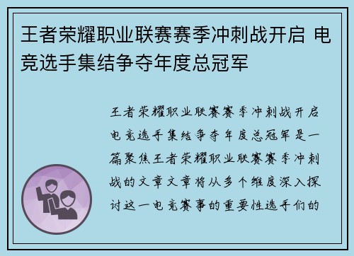 王者荣耀职业联赛赛季冲刺战开启 电竞选手集结争夺年度总冠军