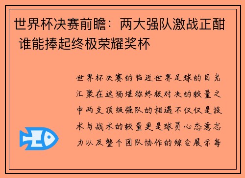 世界杯决赛前瞻：两大强队激战正酣 谁能捧起终极荣耀奖杯
